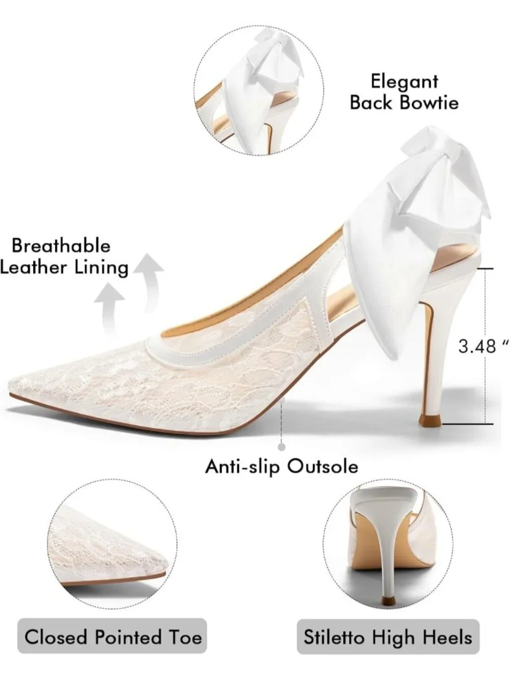 Women's White Slingback High Heels Bow Closed Pointed Toe Lace Patchwork Shoes